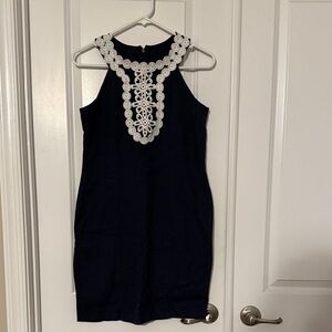 Taylor Navy Dress with White Lace Accent
